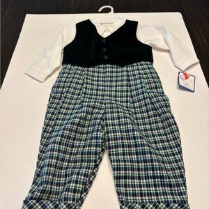 PETIT AMI OVERALLS 12 MONTHS DK GREEN COTTON WITH VELVETEEN VEST & WHITE SHIRT